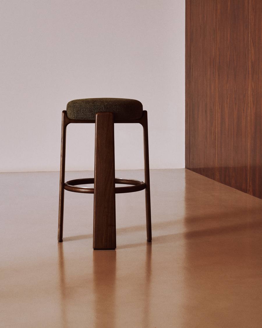 Granite stool in green chenille and solid ash wood with walnut-coloured finish FSC 100% 75cm