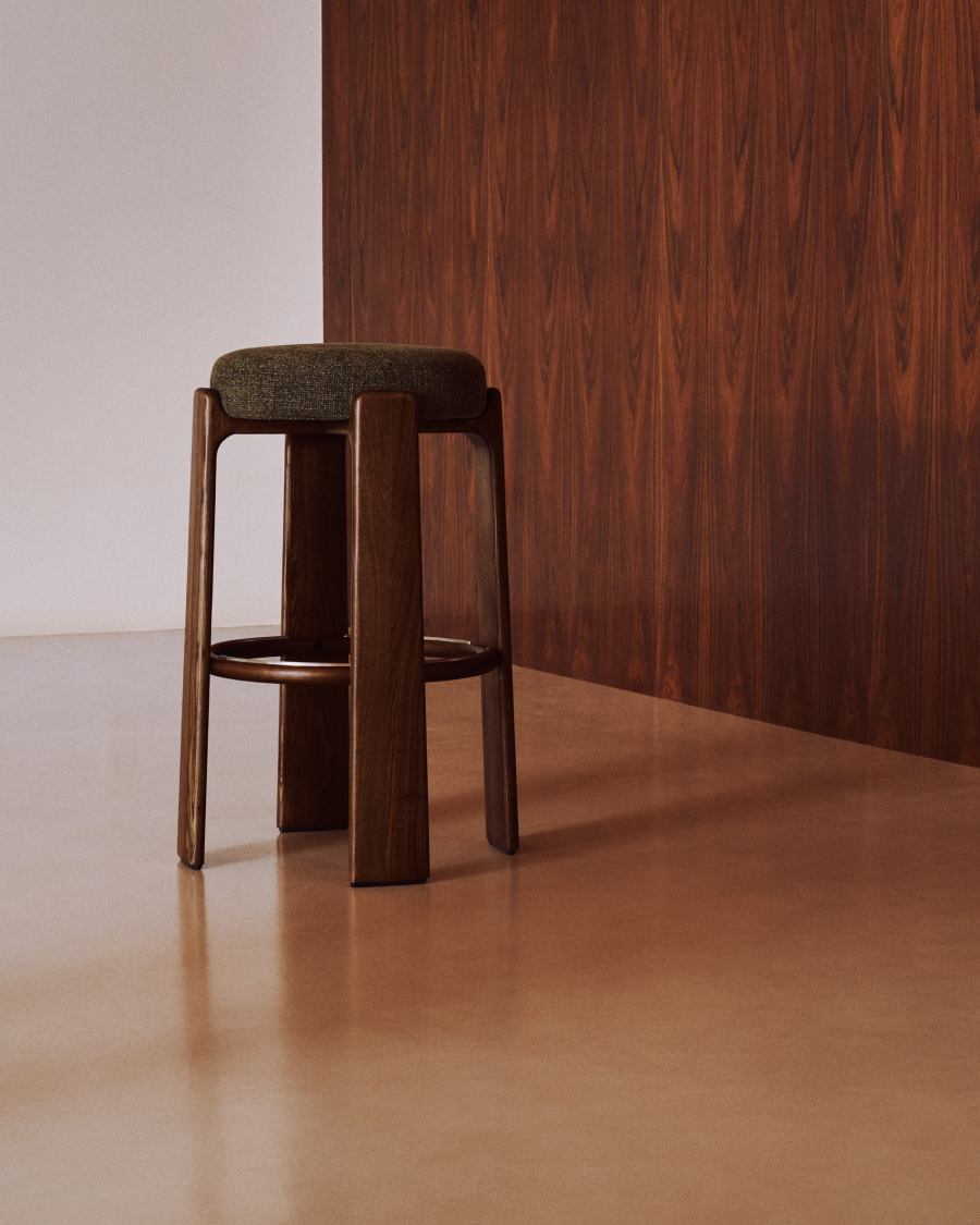 Granite stool in green chenille and solid ash wood with walnut-coloured finish FSC 100% 75cm