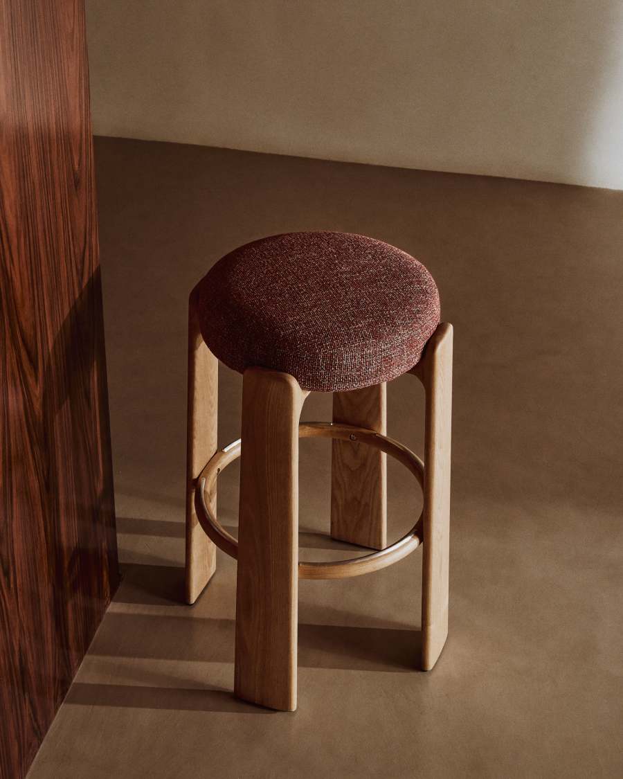 Granite stool in terracotta chenille and solid ash wood with a natural tone finish FSC 100% 75cm