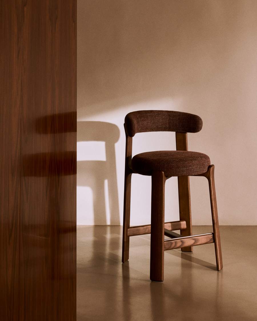Granite stool in brown chenille and solid ash wood with walnut-coloured finish FSC 100% 65cm