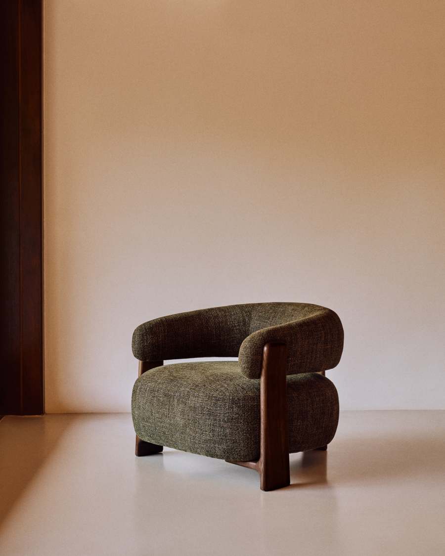 Granite fire-retardant armchair in green chenille and solid ash wood with walnut-coloured finish FSC 100%
