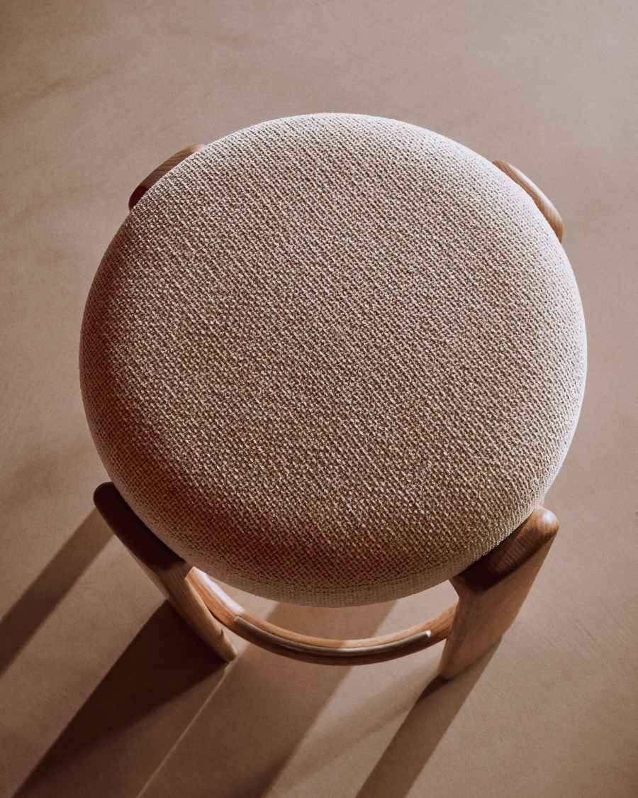 Granite stool made of beige chenille and solid ash wood with natural tone finish FSC 100% 75cm