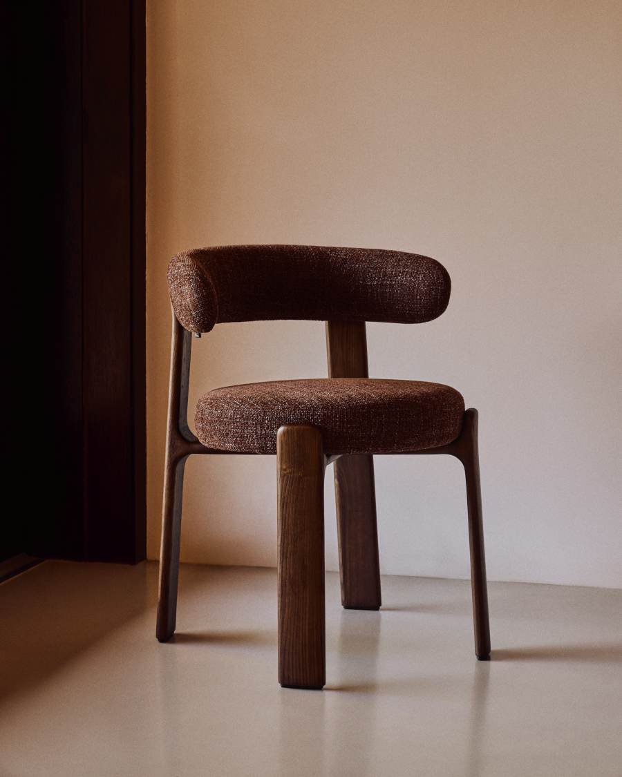 Granite fire-retardant chair in brown chenille and solid ash wood with walnut-coloured finish FSC 100%