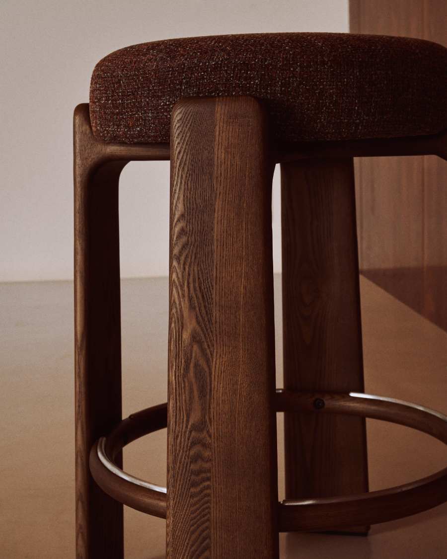 Granite stool in brown chenille and solid ash wood with walnut-coloured finish FSC 100% 65cm