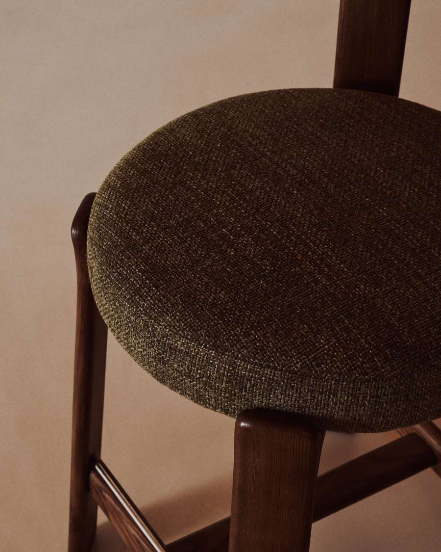 Granite fire-retardant stool with backrest in green chenille and solid ash wood with walnut-coloured finish FSC 100% 65cm