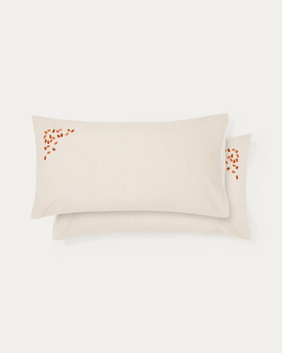 Virelda set of 2 beige cotton and linen pillow cases with embroidery detail 50 x 80 cm