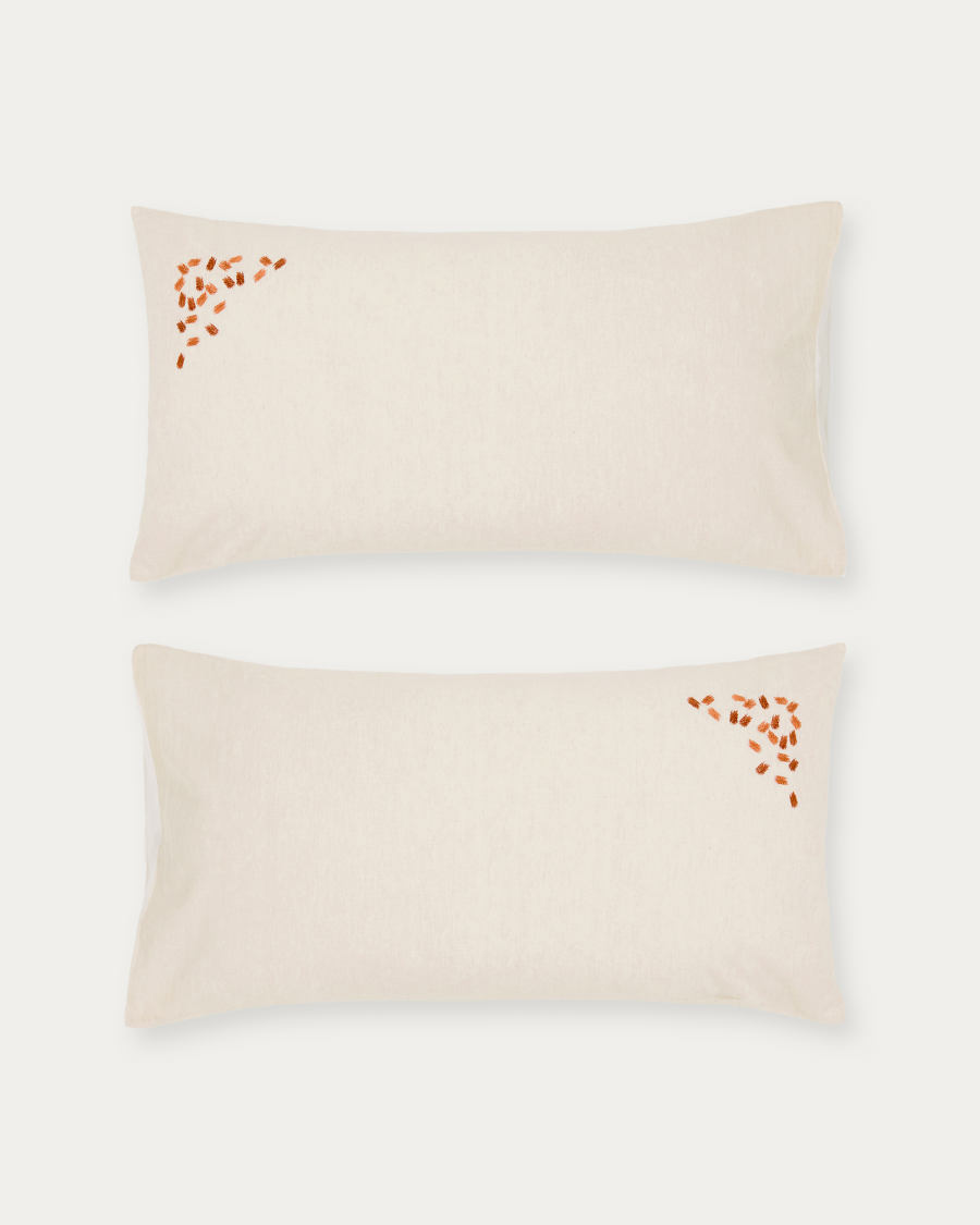 Virelda set of 2 beige cotton and linen pillow cases with embroidery detail 50 x 80 cm