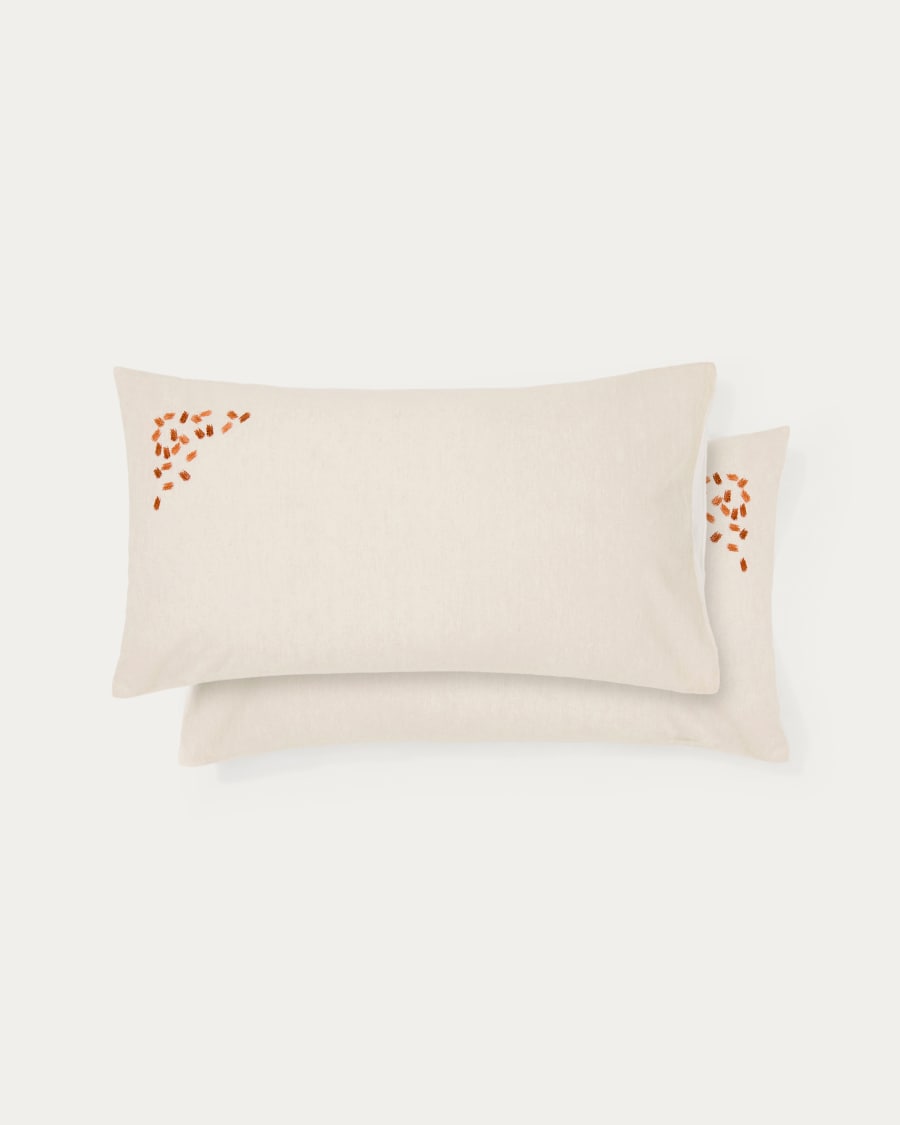 Virelda set of 2 beige cotton and linen pillow cases with embroidery detail 50 x 70 cm