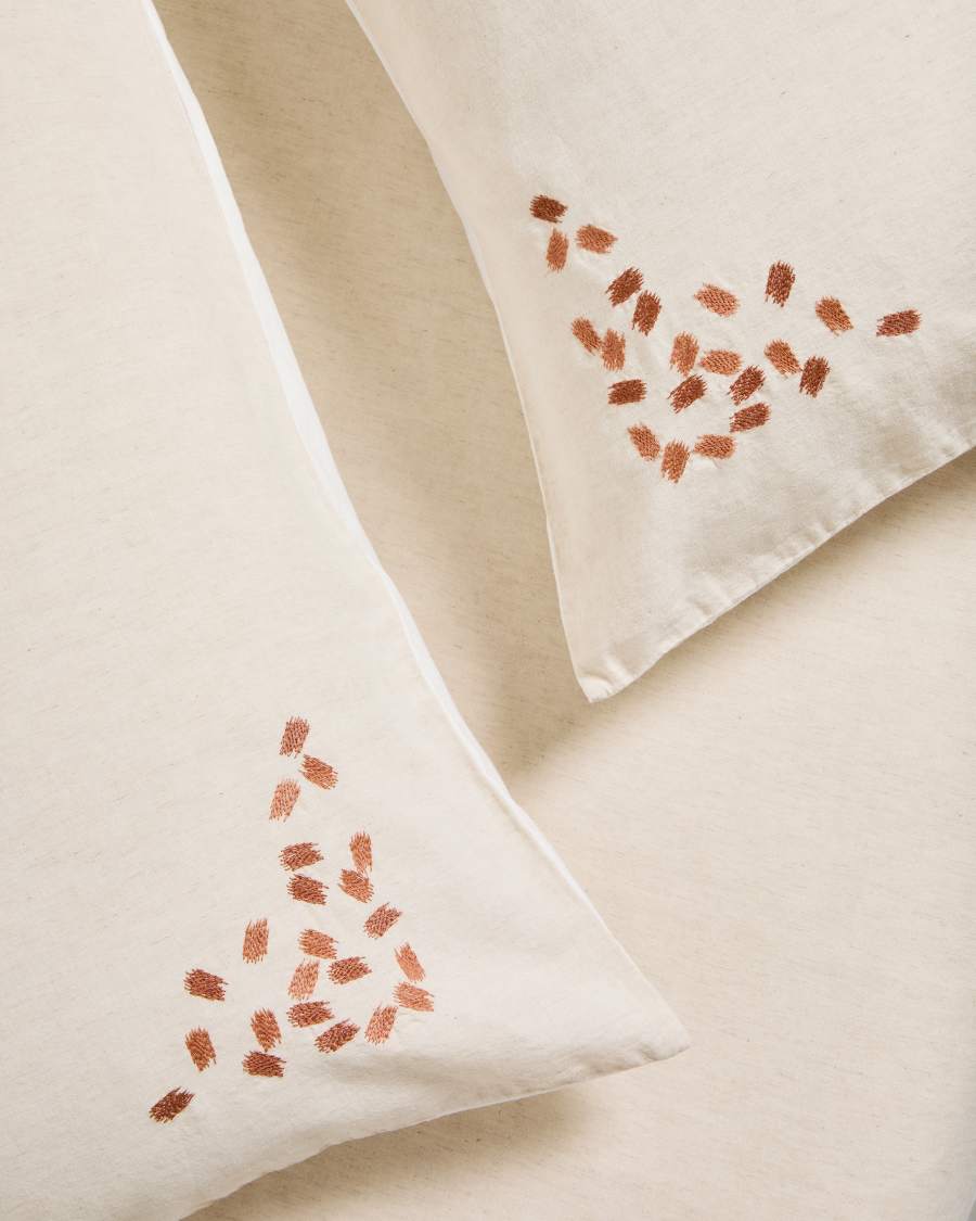 Virelda set of 2 beige cotton and linen pillow cases with embroidery detail 50 x 70 cm