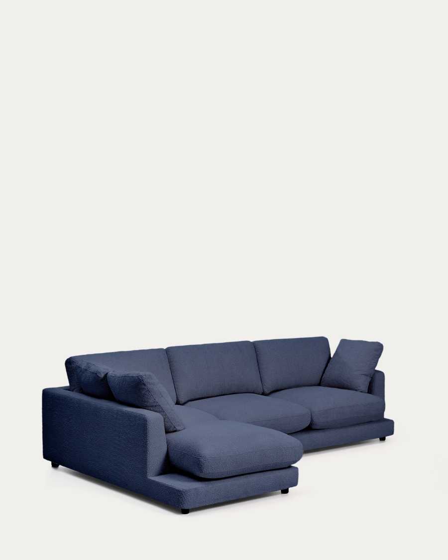 Gala blauwe 4-zits-bank met chaise longue links van brandvertragende imitatieschapenvacht FSC Mix Credit 300 cm