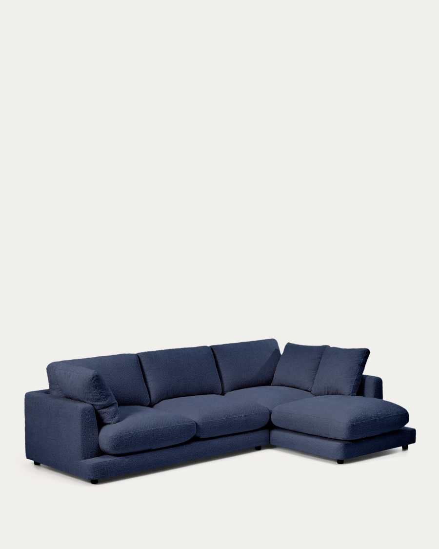 Gala blauwe 4-zits-bank met chaise longue rechts van brandvertragende imitatieschapenvacht FSC Mix Credit 300 cm