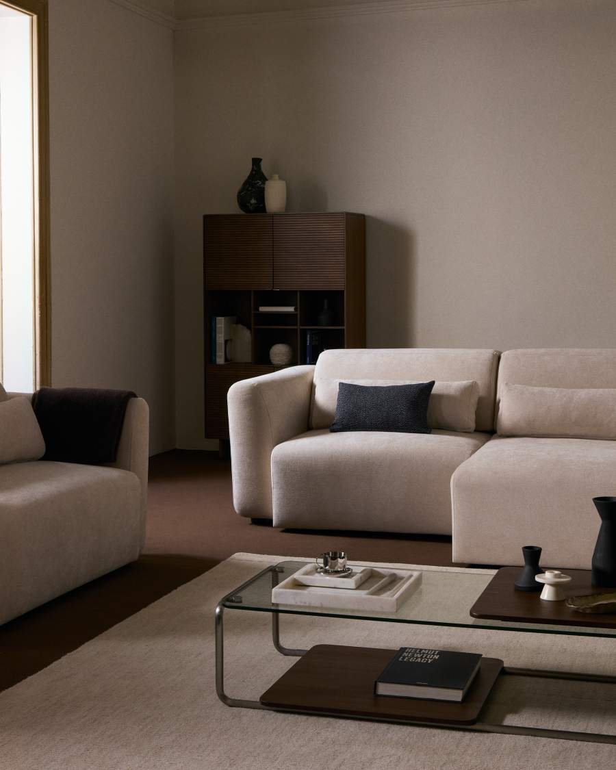 Lares 3-seater sofa with motorised sliding seats and reclining headrest in beige chenille 240cm