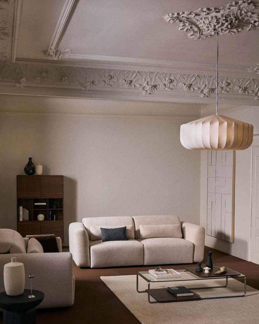 Lares 3-seater sofa with motorised sliding seats and reclining headrest in beige chenille 240cm