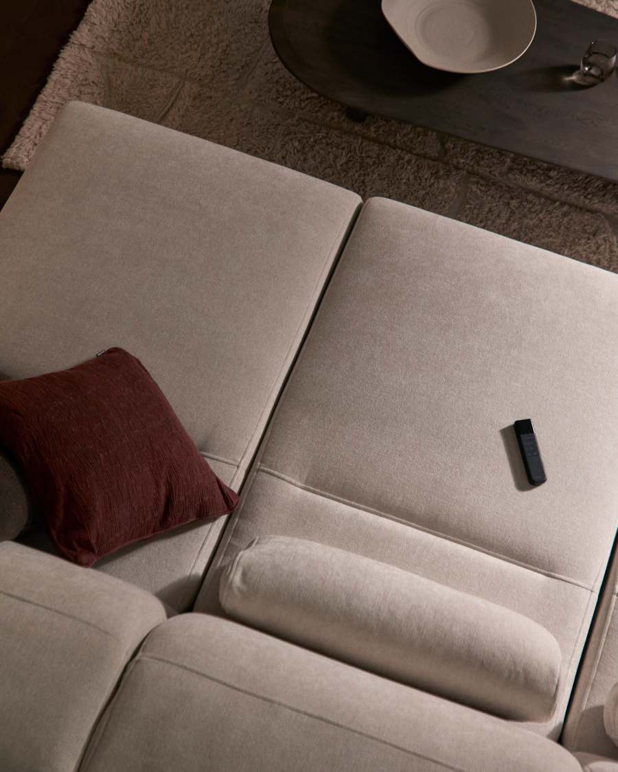 Lares 3-seater sofa with motorised sliding seats and reclining headrest in beige chenille 255cm