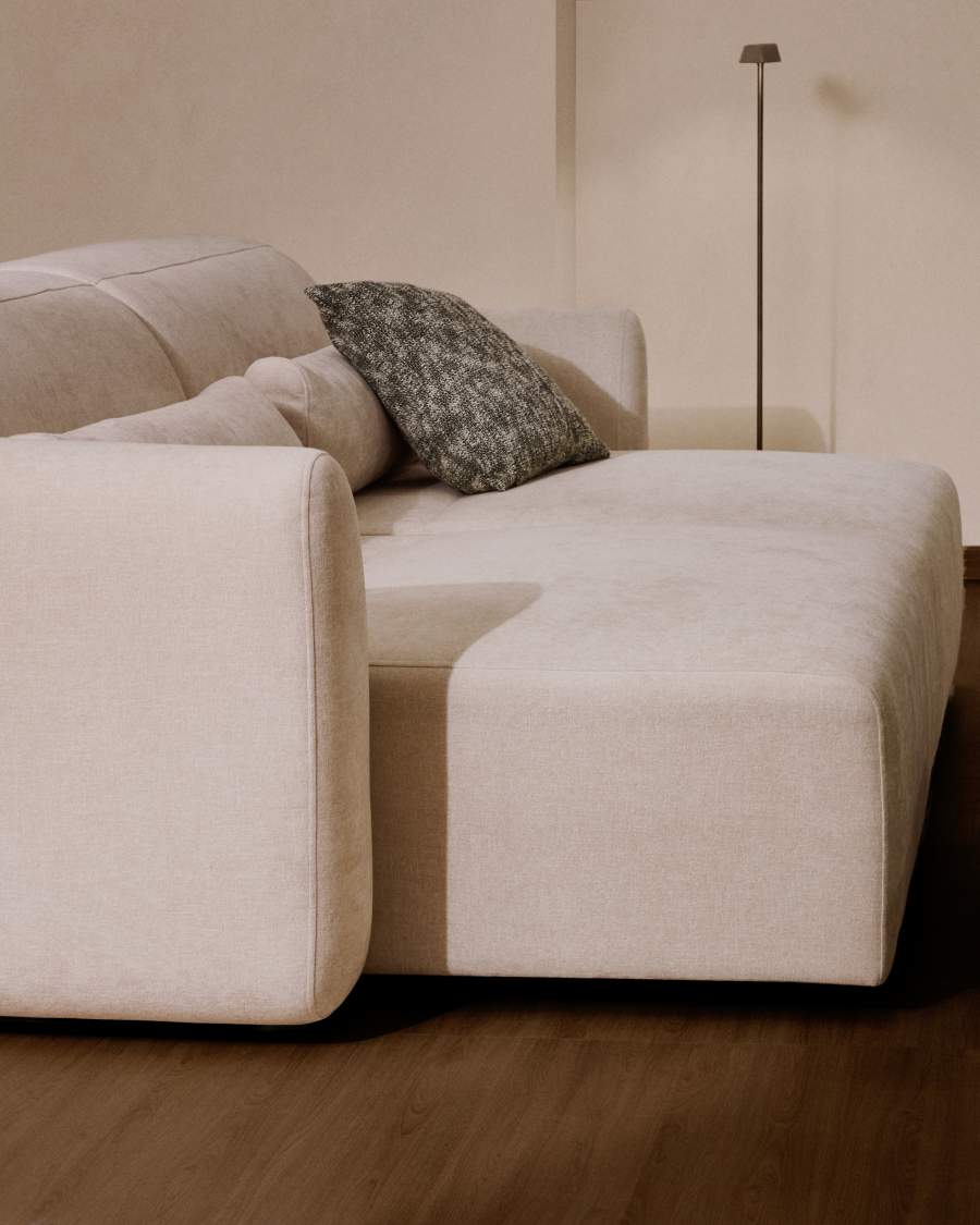 Lares 4-seater sofa with motorised sliding seats and reclining headrest in beige chenille 290cm