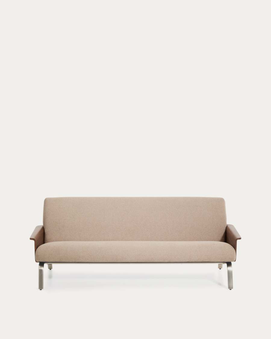 Amsen light brown 3-seater sofa in walnut plywood with brushed stainless steel legs 205cm