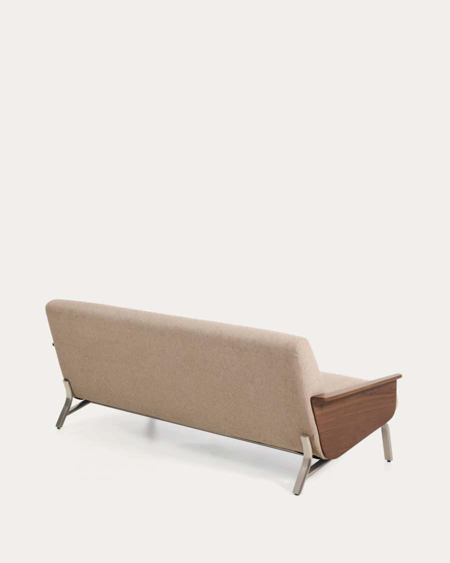 Amsen light brown 3-seater sofa in walnut plywood with brushed stainless steel legs 205cm