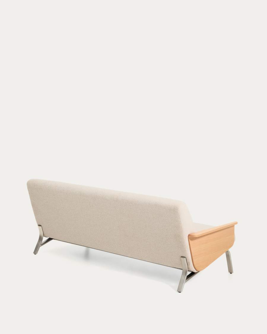 Amsen beige chenille 3-seater sofa in oak plywood with brushed stainless steel legs 205cm