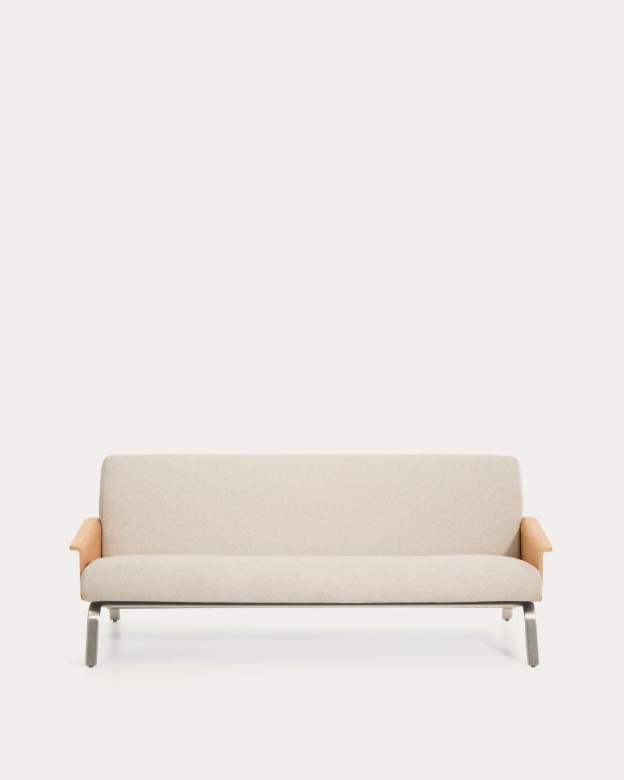 Amsen beige chenille 3-seater sofa in oak plywood with brushed stainless steel legs 205cm