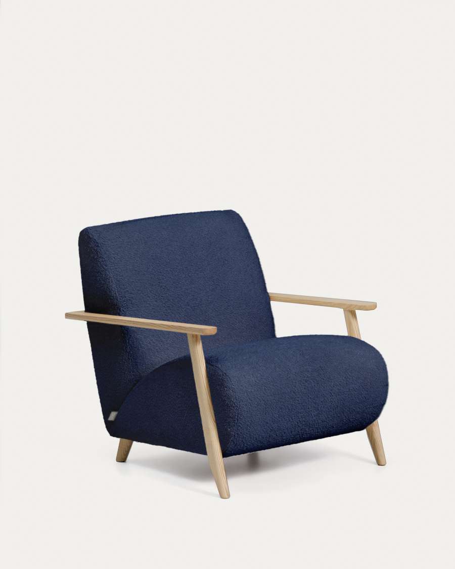 Fauteuil Meghan ignifugé en bouclette bleue et bois de frêne avec finition ton naturel FSC Mix Credit