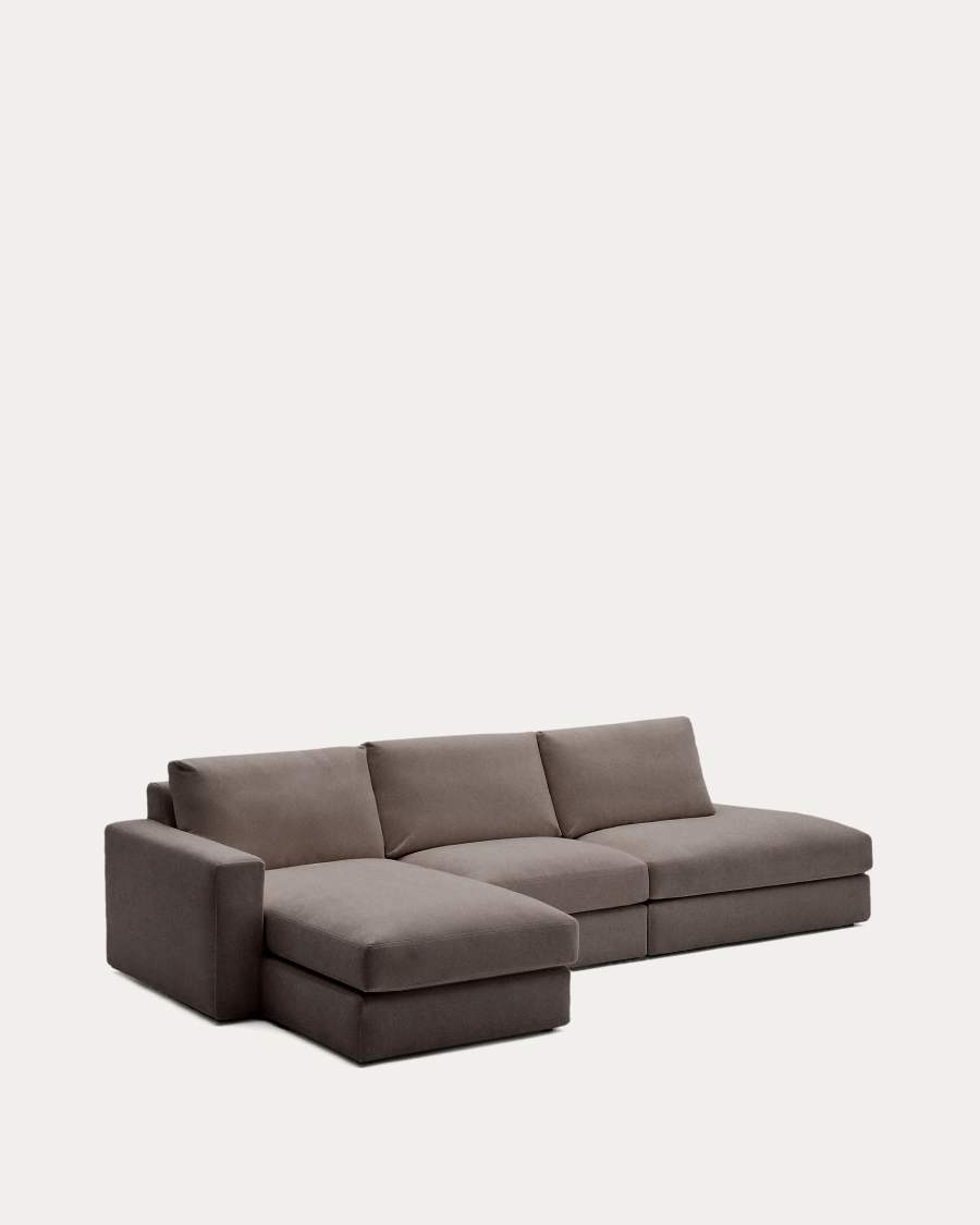 Modulares Sofa Alea für 5 Personen mit abnehmbarem Bezug aus dunkelbrauner Chenille und Chaiselongue links, 340 cm