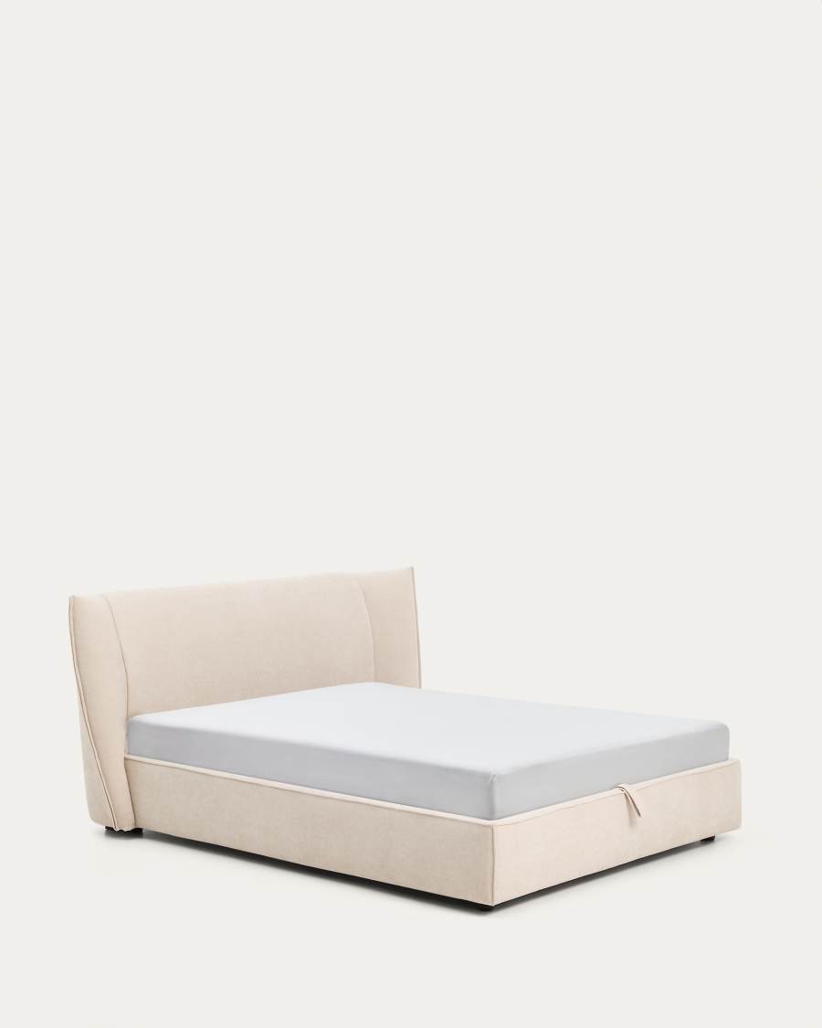 Arvian beige chenille removable-cover bed with ottoman base for a 160 x 200 cm mattress