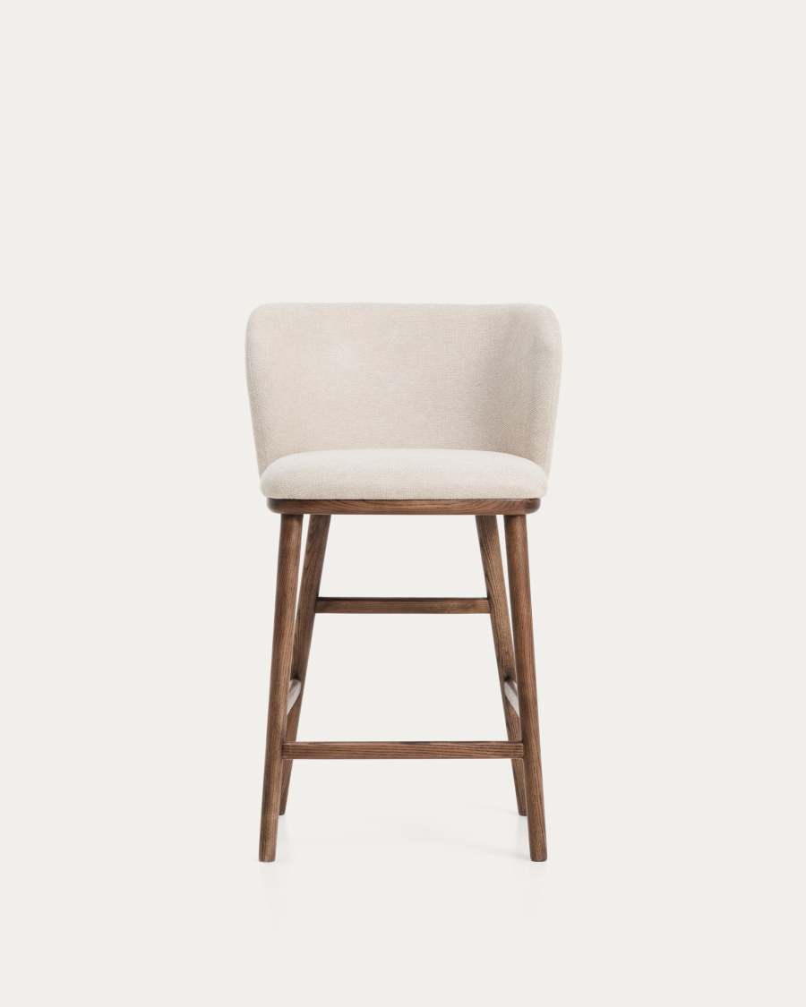 Ciselia beige chenille stool with solid ash wood legs with walnut-coloured finish FSC Mix Credit 65cm