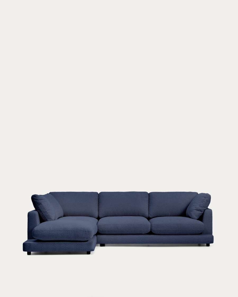 Gala blauwe 4-zits-bank met chaise longue links van brandvertragende imitatieschapenvacht FSC Mix Credit 300 cm