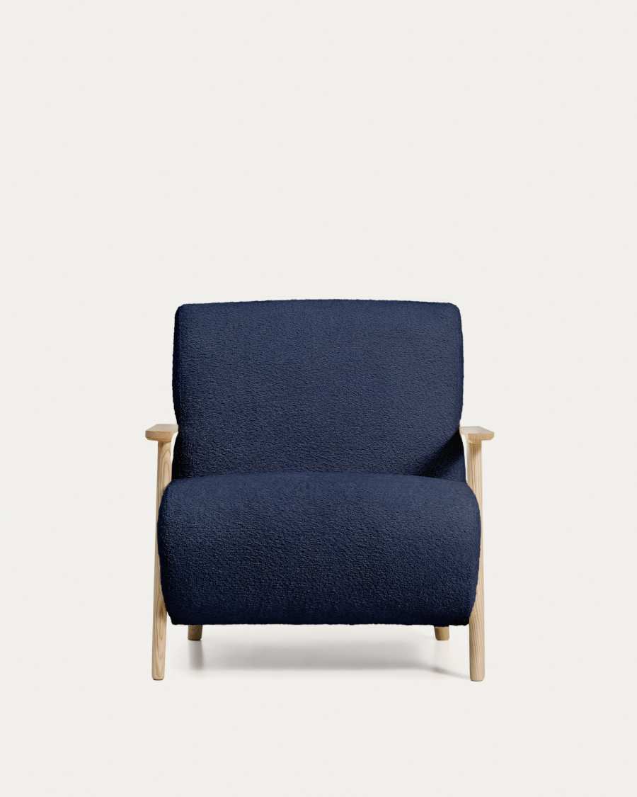 Fauteuil Meghan ignifugé en bouclette bleue et bois de frêne avec finition ton naturel FSC Mix Credit