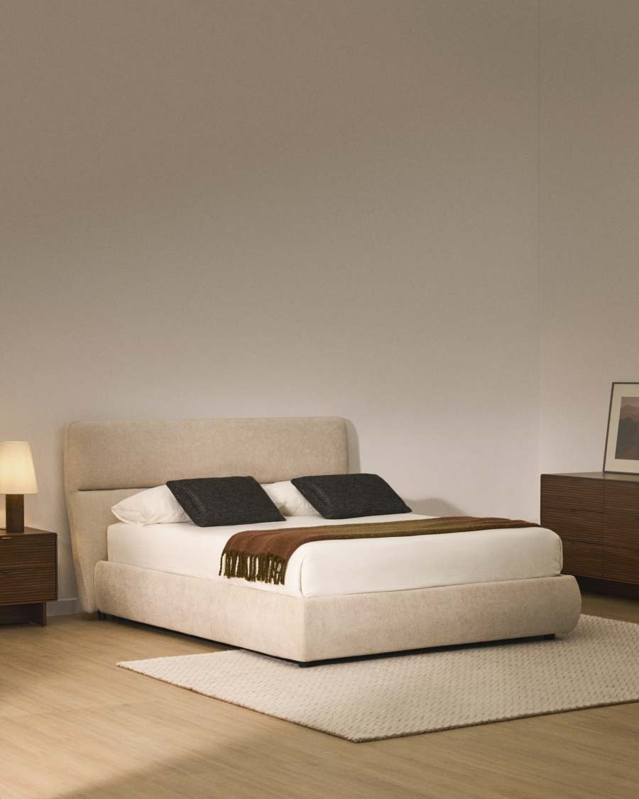 Lit déhoussable Dafra en chenille beige avec coffre relevable pour matelas de 180 x 200 cm