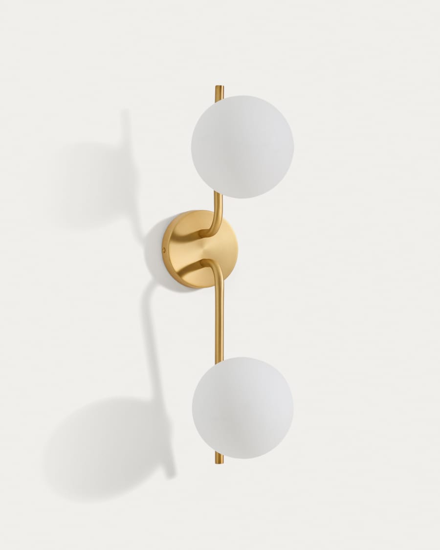 Brisia metal wall lamp with brushed brass finish and 2 frosted glass balls Ø15cm