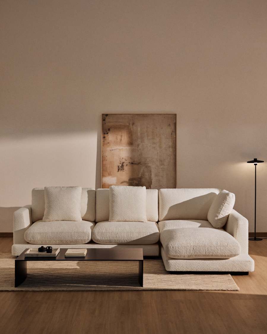 Gala fire-retardant ecru bouclé 4-seater sofa with right chaise longue FSC Mix Credit 300cm