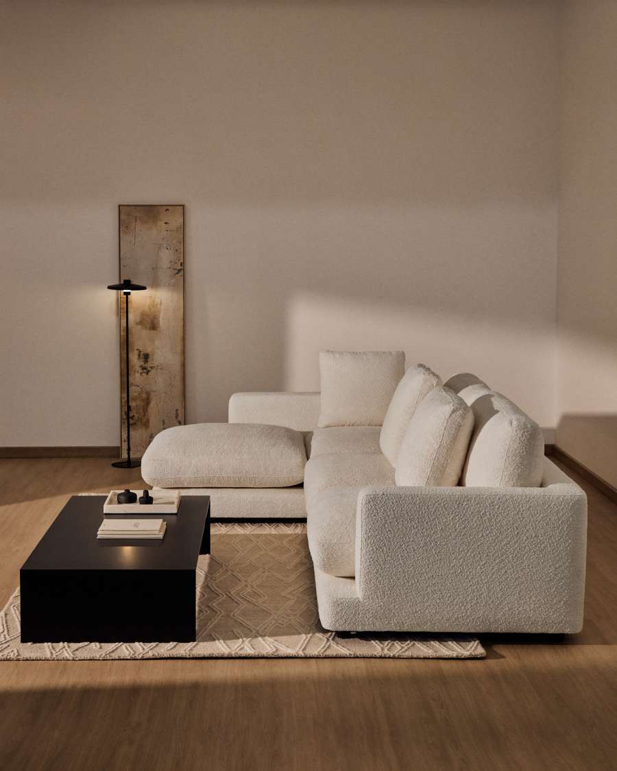 Gala fire-retardant ecru bouclé 4-seater sofa with left chaise longue FSC Mix Credit 300cm