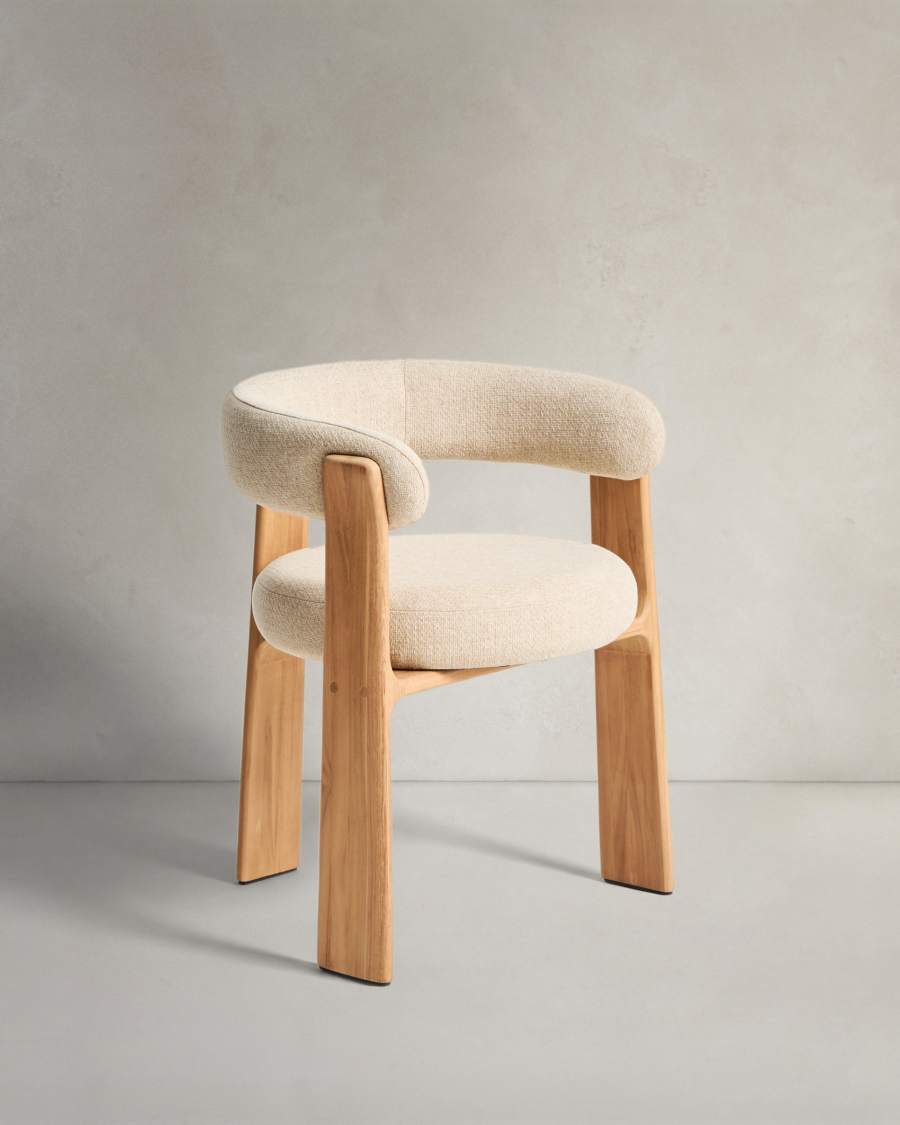 Granite 3-leg beige outdoor chair with FSC 100% solid teak wood legs in a natural finish