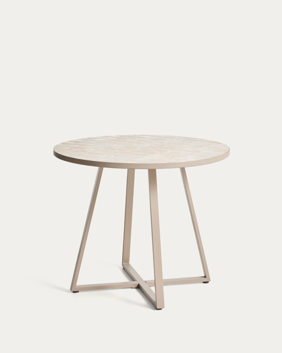 Στρογγυλό τραπέζι από γαλβανισμένο ατσάλι και μπεζ πλακάκια Ø90 εκ.