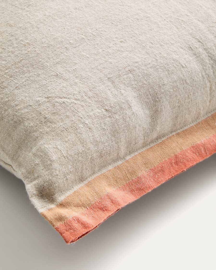 Kissenbezug Disea aus beigem Leinen mit orangefarbenen Details, 45 x 45 cm