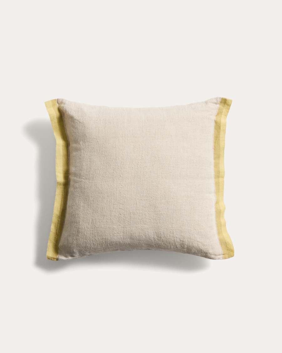 Disea cushion cover in beige linen with yellow detail 45 x 45cm