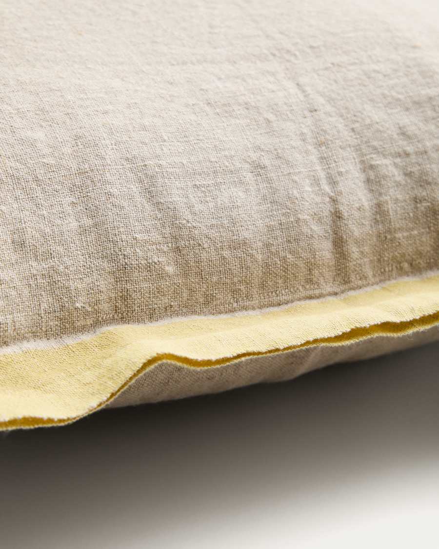 Disea cushion cover in beige linen with yellow detail 45 x 45cm