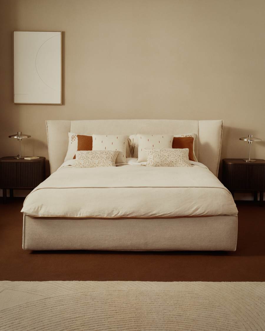 Arvian beige chenille removable-cover bed with ottoman base for a 160 x 200 cm mattress