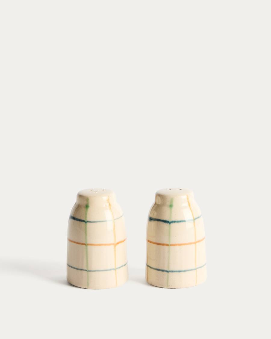 Belor set of ceramic salt and pepper shakers with multicoloured lines