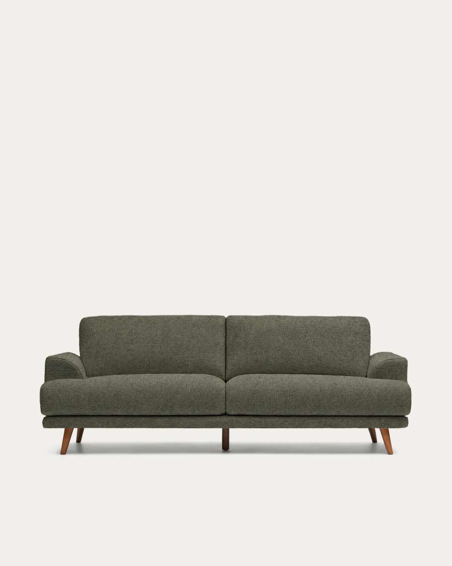 3-Sitzer-Sofa Karin aus dunkelgrüner Chenille mit Beinen aus massivem Buchenholz mit walnussfarbener Oberfläche 228 cm