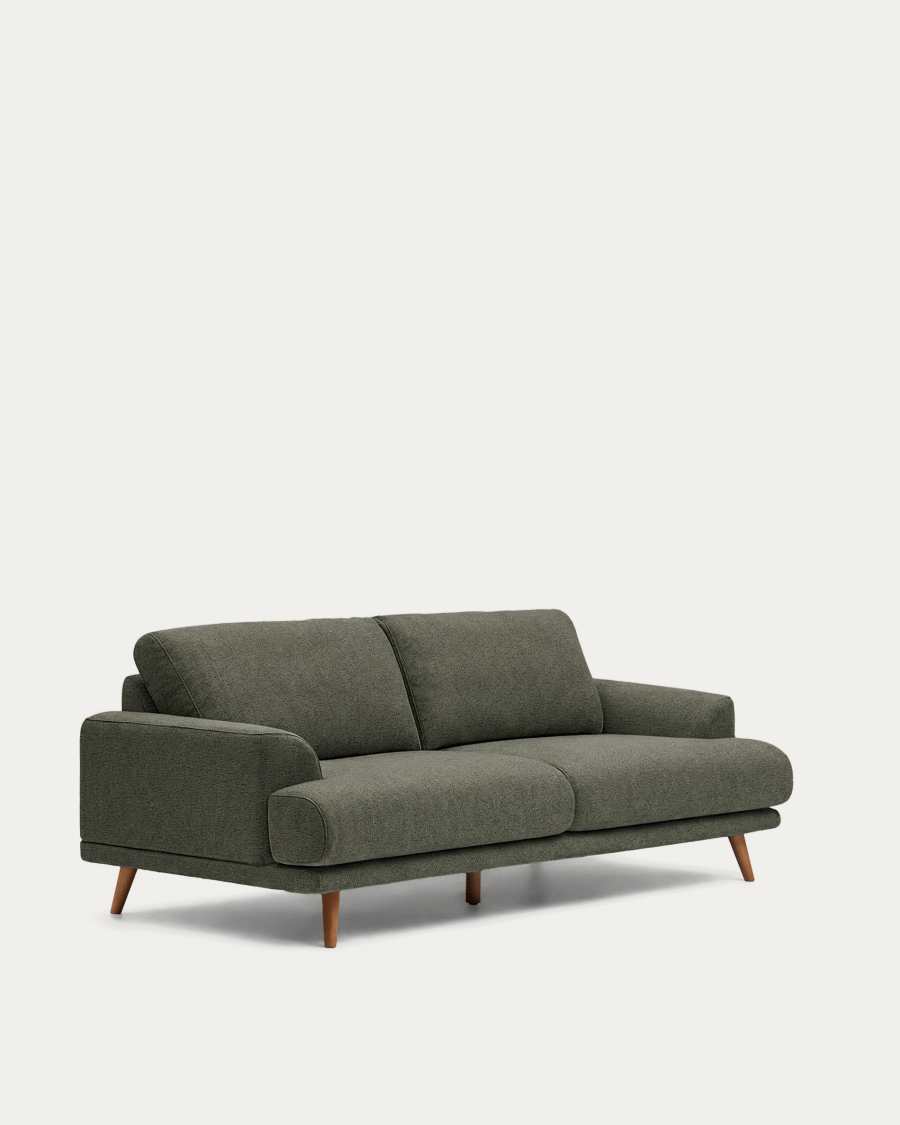 3-Sitzer-Sofa Karin aus dunkelgrüner Chenille mit Beinen aus massivem Buchenholz mit walnussfarbener Oberfläche 228 cm