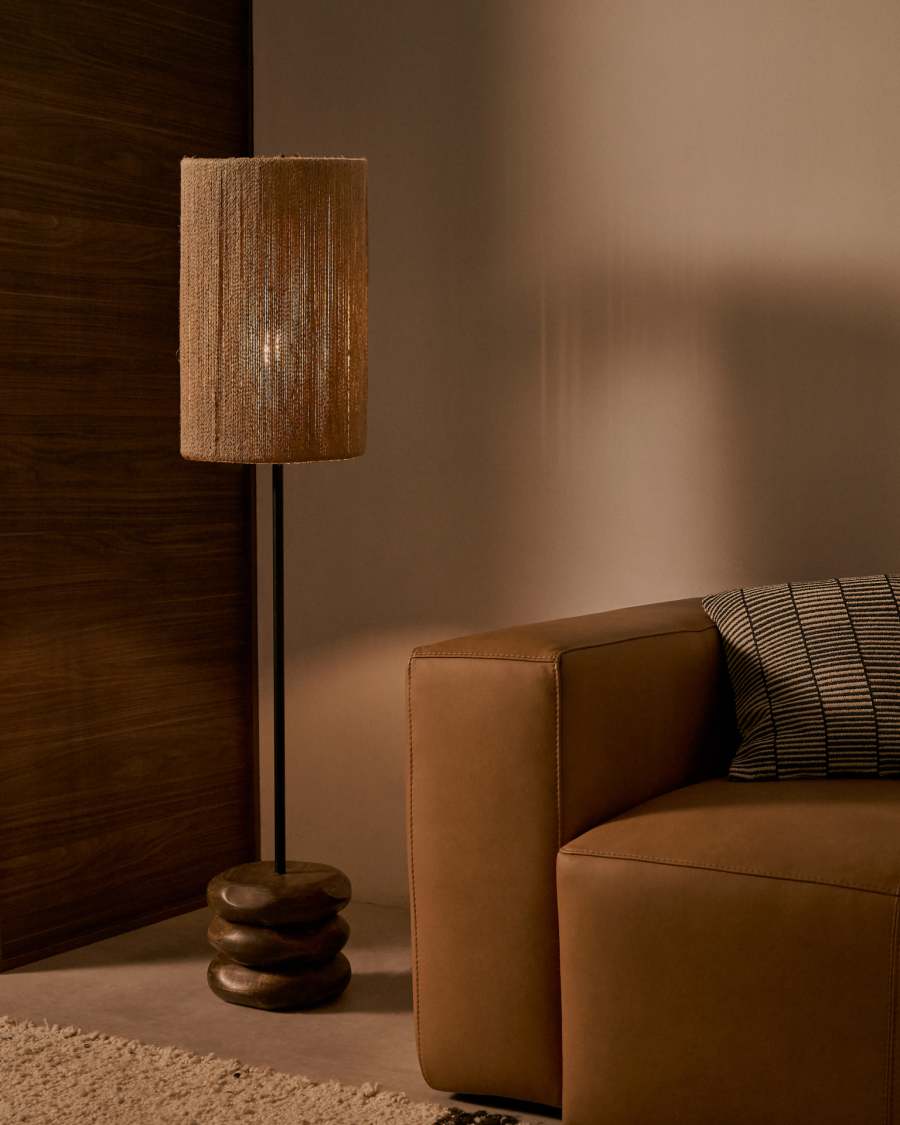 Kor table floor lamp made of jute and acacia wood in a dark finish