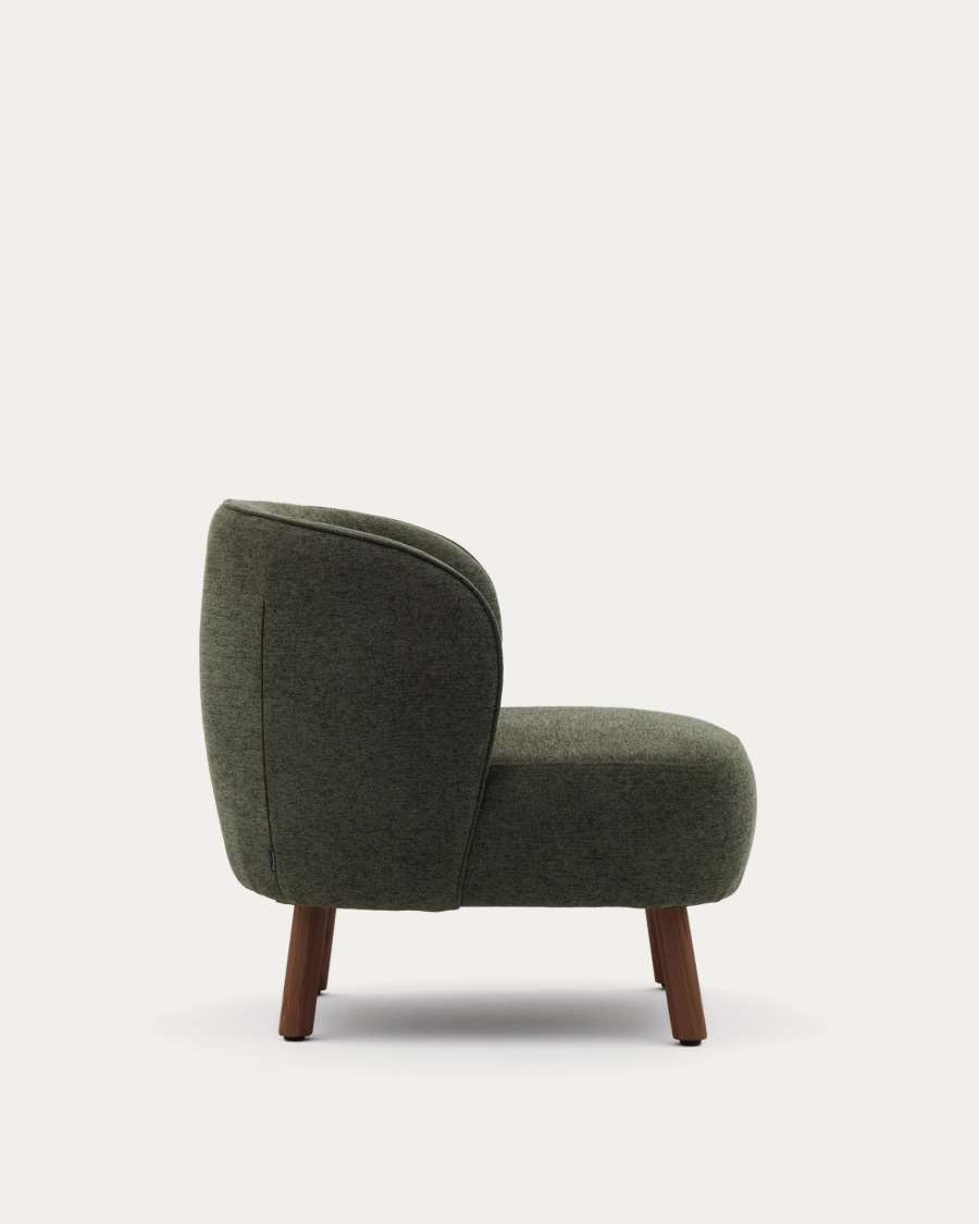 Ulit armchair in green chenille with solid ash wood legs with walnut finish