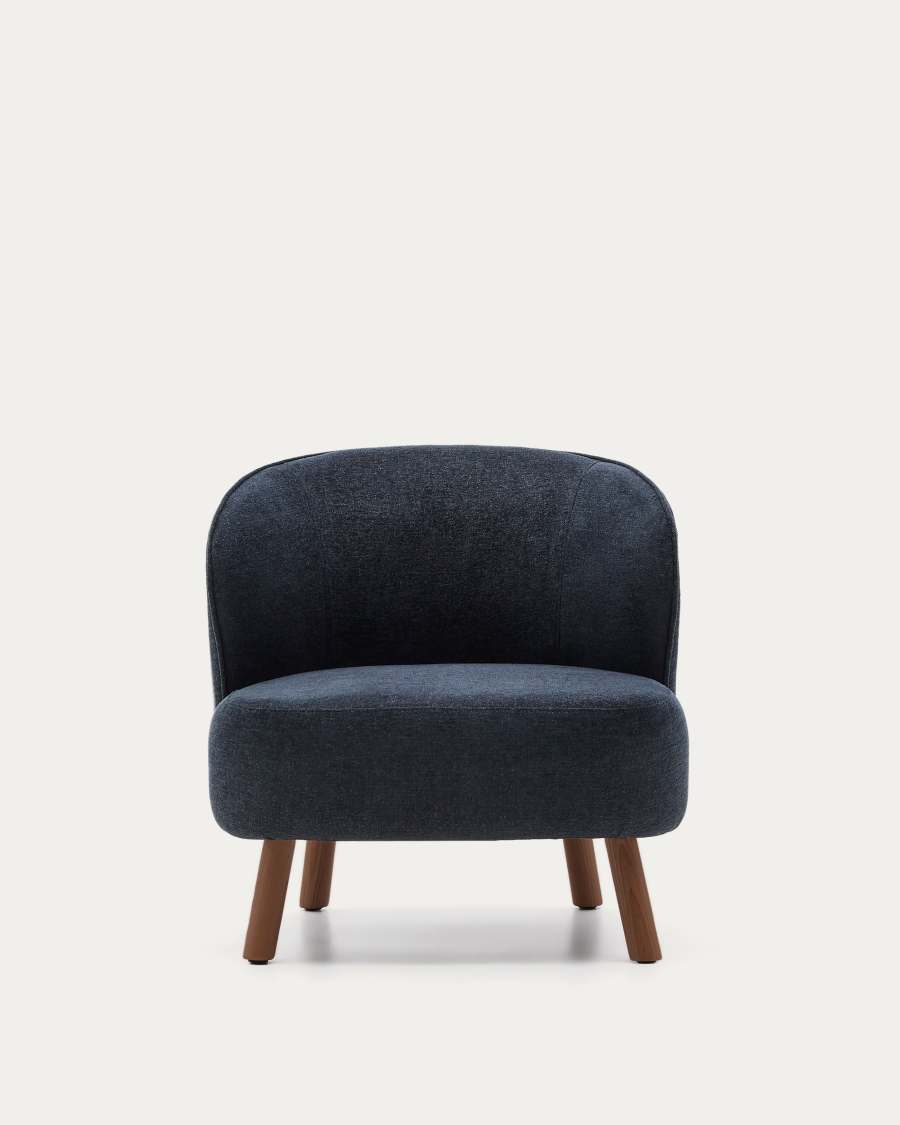 Ulit armchair in blue-grey chenille with solid ash wood legs with walnut finish