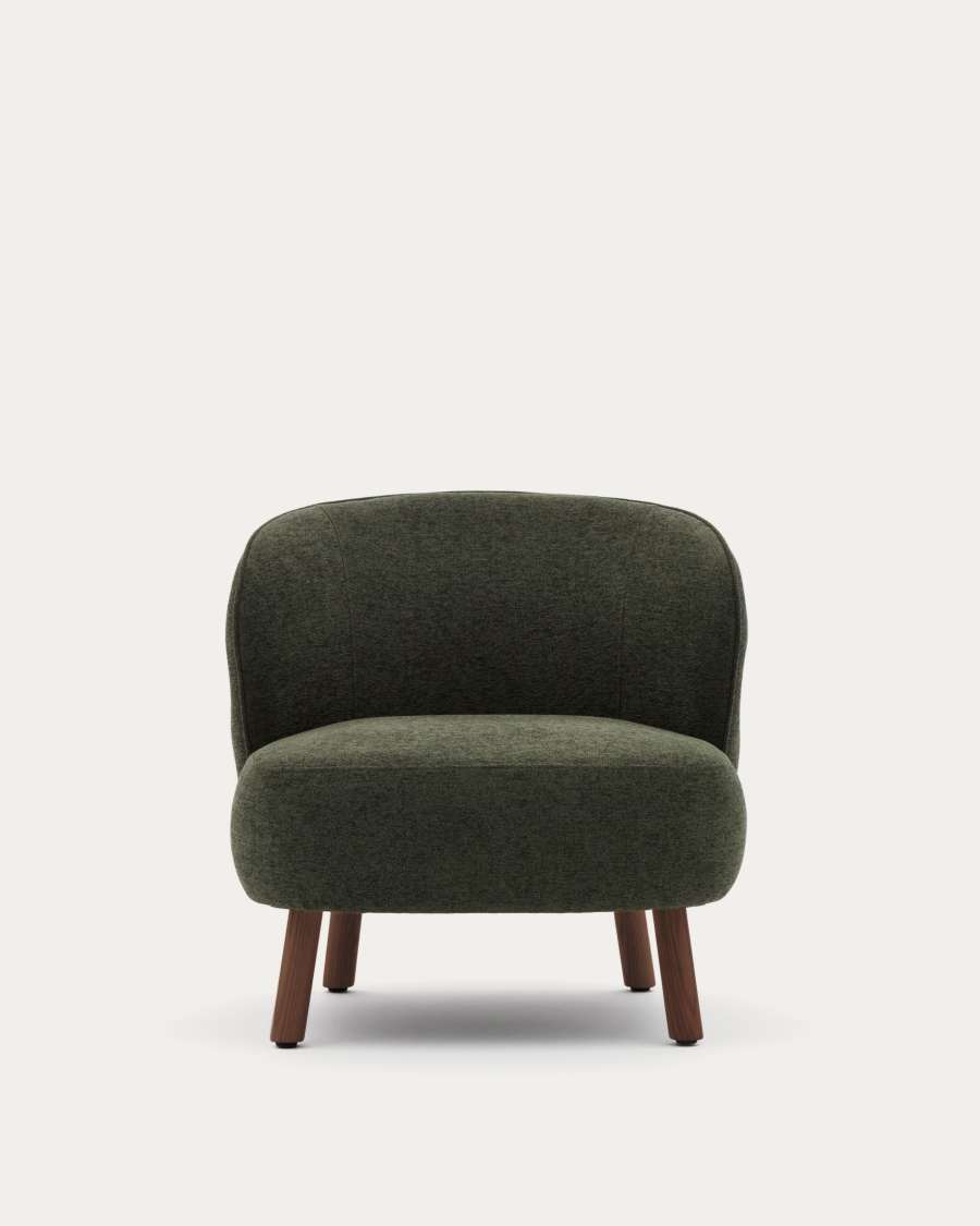 Ulit armchair in green chenille with solid ash wood legs with walnut finish
