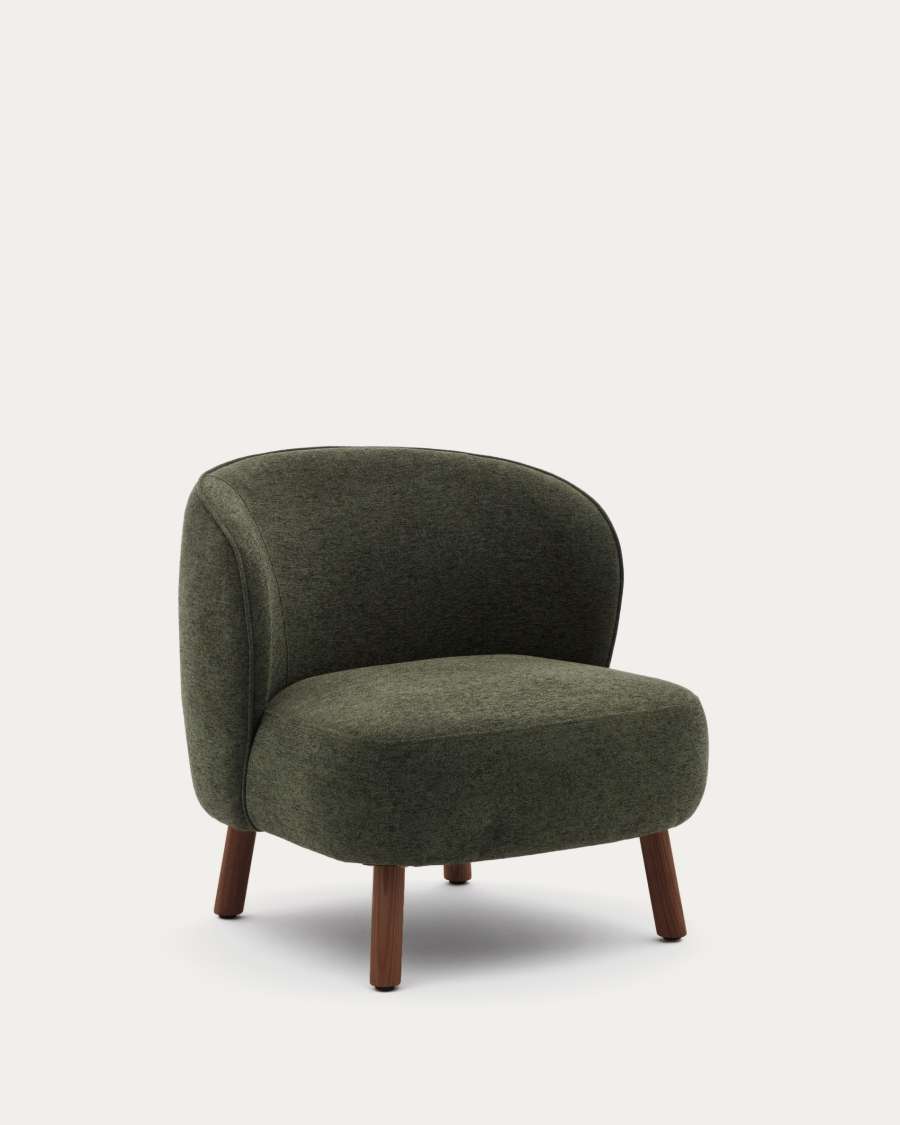 Ulit armchair in green chenille with solid ash wood legs with walnut finish