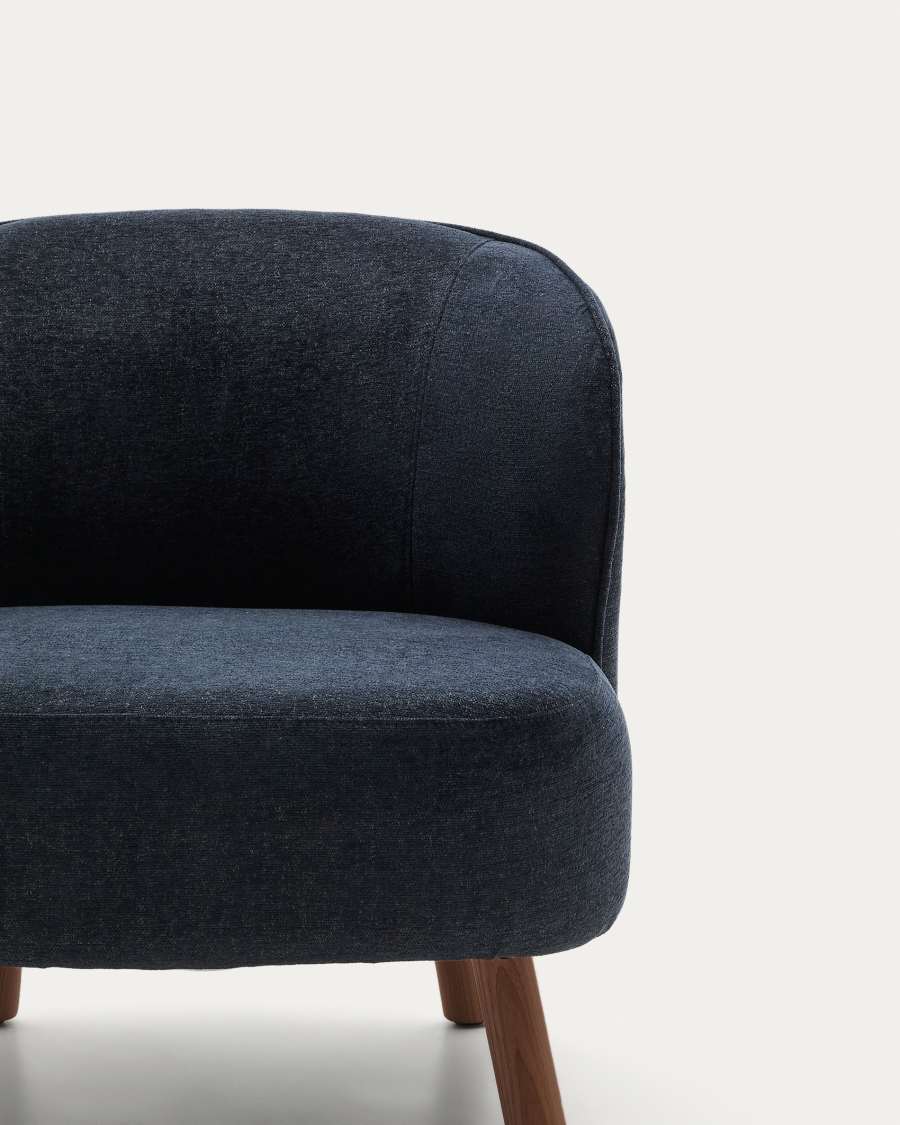 Ulit armchair in blue-grey chenille with solid ash wood legs with walnut finish