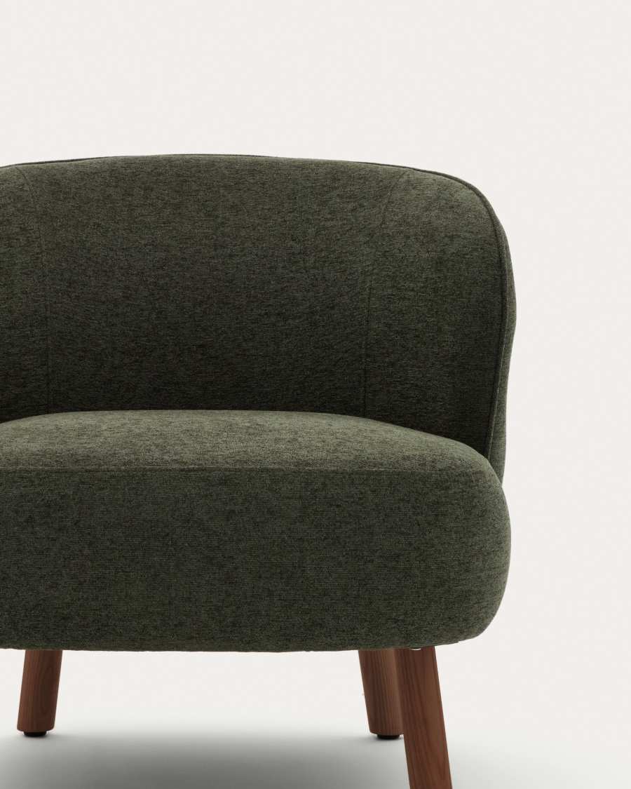 Ulit armchair in green chenille with solid ash wood legs with walnut finish