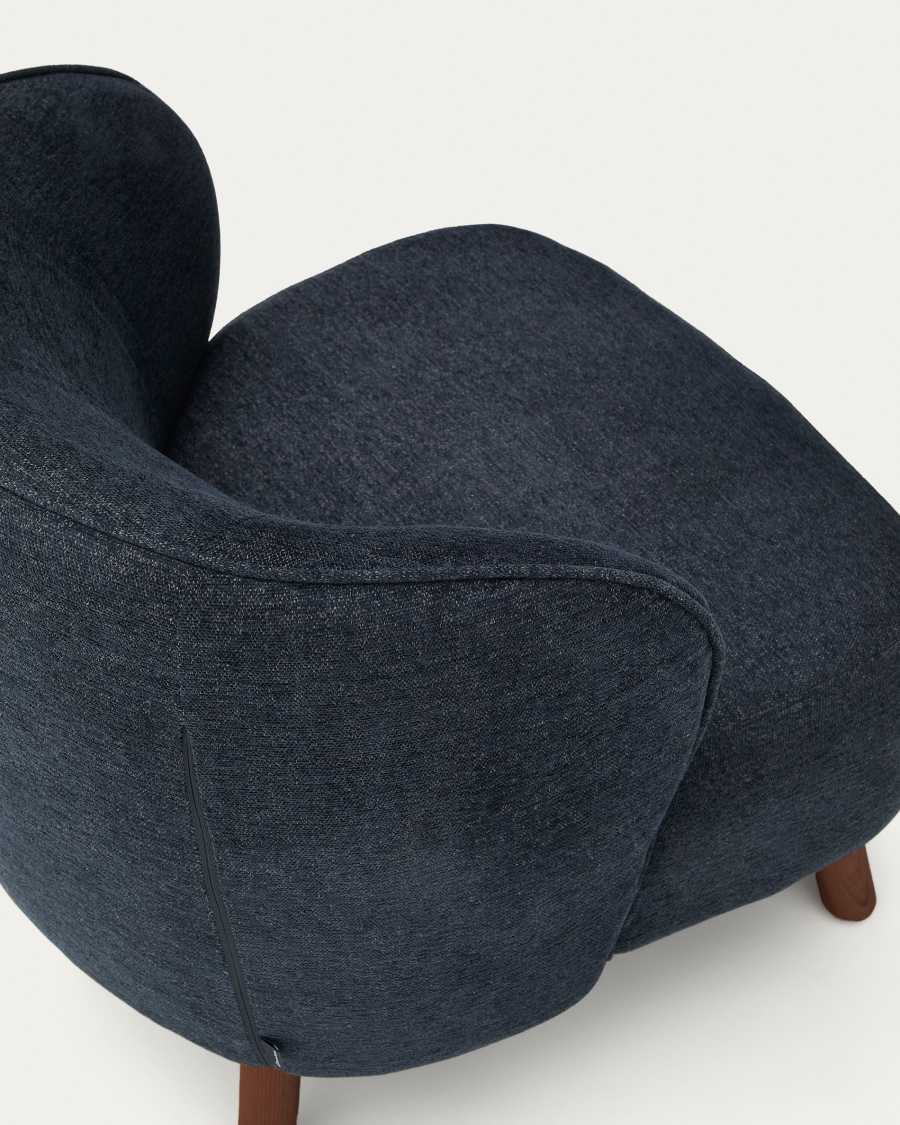Ulit armchair in blue-grey chenille with solid ash wood legs with walnut finish